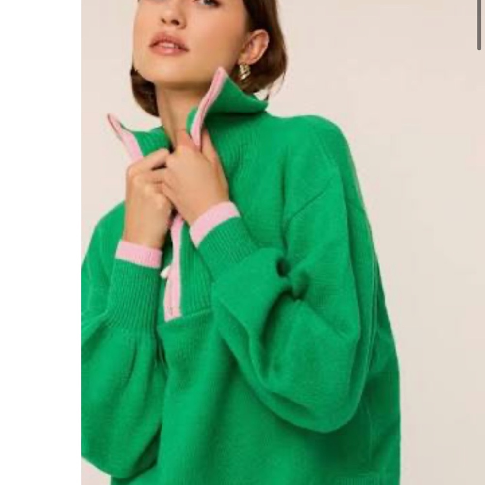 Kitri Green Contrast-Trim Half-Zip Sweater - alpaca blend